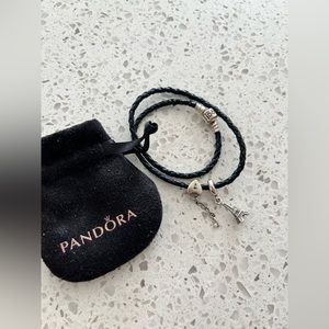 Pandora charm bracelet with two charms: Eiffel Tower and heart lock silver